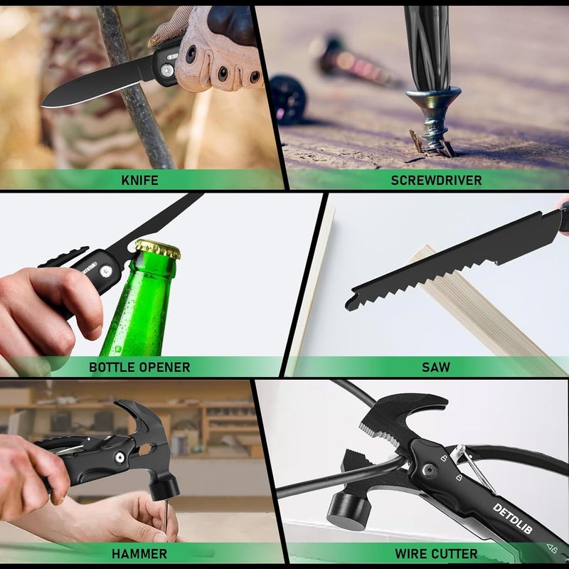 DETDLIB12-in-1 Multitool Hammer, Birthday Gifts for Men, Essential for Camping, Hiking, Cool Gadget Valentines Day Gifts for Him, Men, Husband, Dad, Father, Mechanic, Women, Black - Image 3